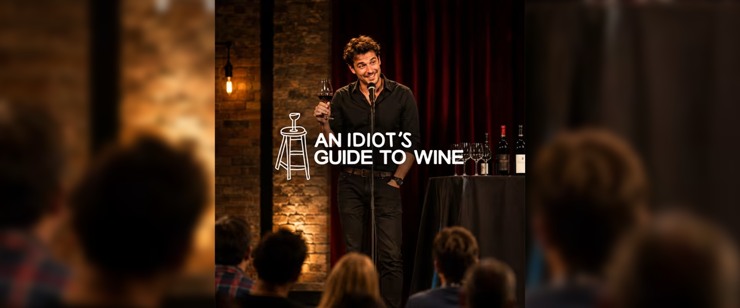 Eine Person steht auf einer Bühne vor Publikum und präsentiert die Show „An Idiot's Guide to Wine“. Neben einem Stehtisch mit Weinflaschen und Gläsern hält die Person ein Weinglas in der Hand. Im Hintergrund sind rote Vorhänge und warme Bühnenbeleuchtung zu sehen. Im Vordergrund befinden sich die Zuschauerinnen und Zuschauer der Veranstaltung.