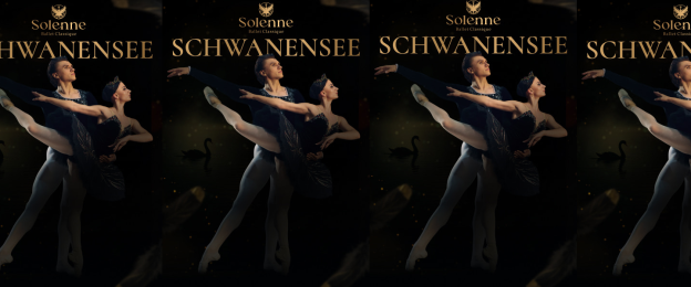 Werbeplakat für die Aufführung „Schwanensee“ des Solenne Ballet Classique. Auf einem dunklen Hintergrund mit dezenten Schwanenmotiven und goldfarbenen Akzenten sind zwei Personen in klassischer Ballettkleidung in einer gemeinsamen Tanzpose dargestellt. Im oberen Bereich befinden sich das Logo des Ensembles sowie die Aufschrift „Solenne Ballet Classique“. Darunter steht groß und gut sichtbar der Titel „Schwanensee“. Die Gestaltung verwendet überwiegend dunkle Farbtöne mit goldfarbener Schrift und stellt den Ballettklassiker in den Mittelpunkt.